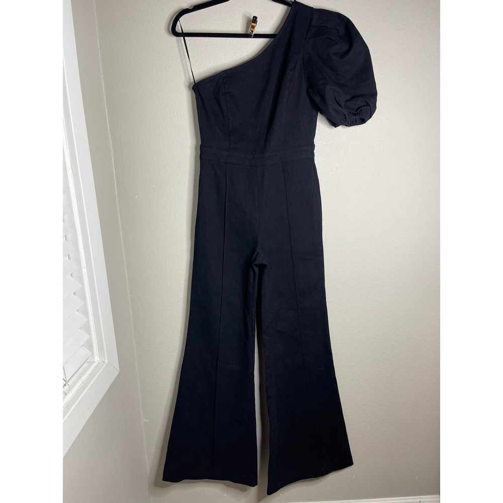 Flying Tomato Jumpsuit Black One Shoulder Puff Sleeve Wide Leg Denim